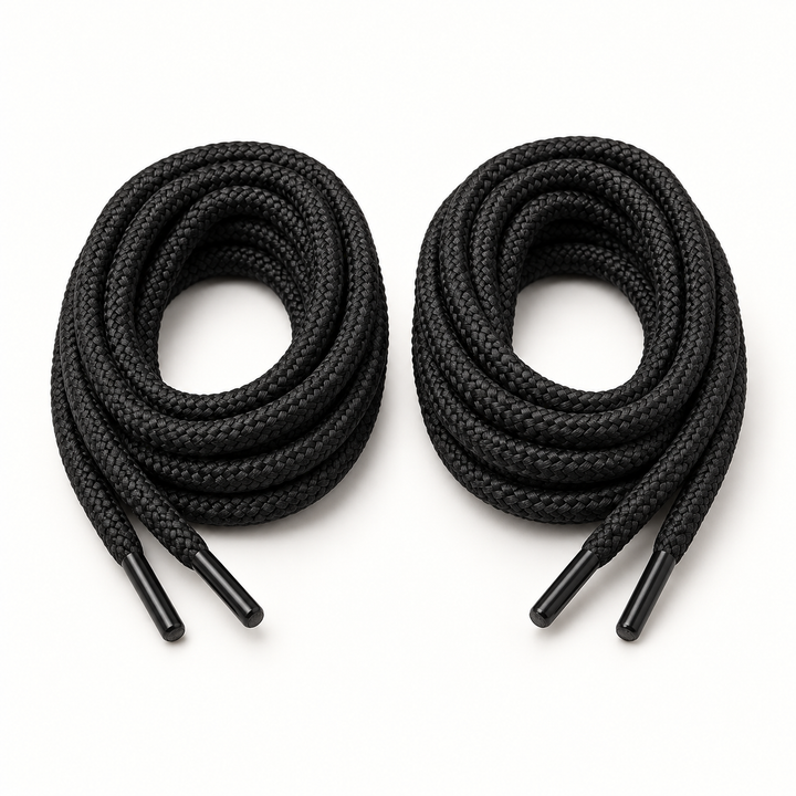 Pair of KIWI Outdoor round black shoelaces coiled on a white studio background