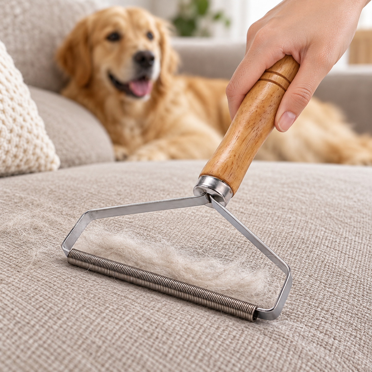 Manual metal pet hair remover scraper used on a sofa