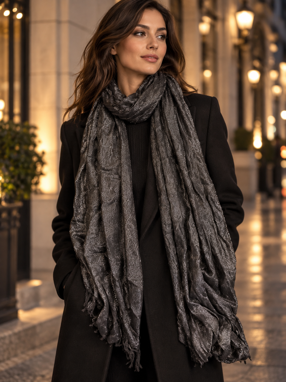 Marcus Adler black metallic shimmer scarf styled with a black coat