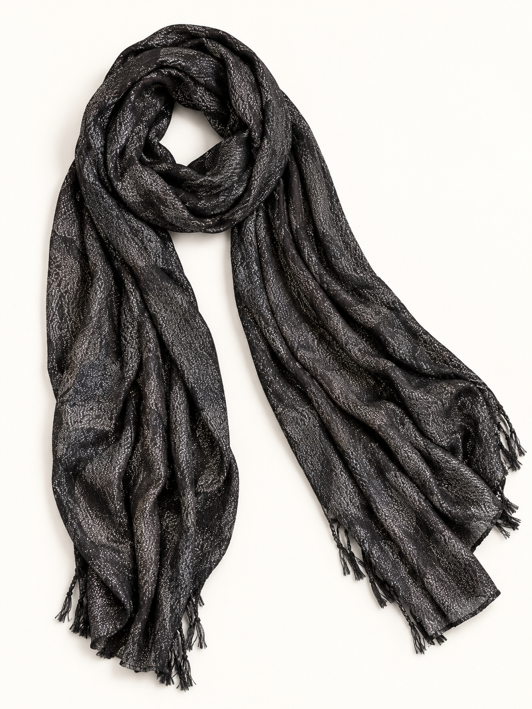 Marcus Adler black metallic shimmer scarf on a studio background