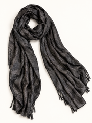 Marcus Adler black metallic shimmer scarf on a studio background