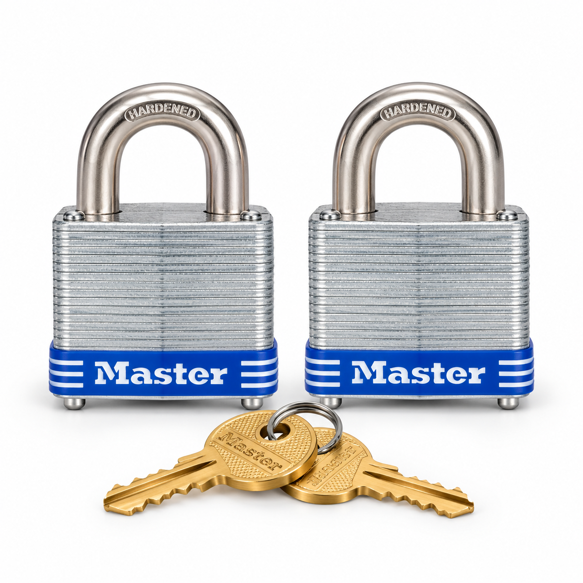 Master Lock 3T keyed-alike padlock two-pack and keys on a white studio background