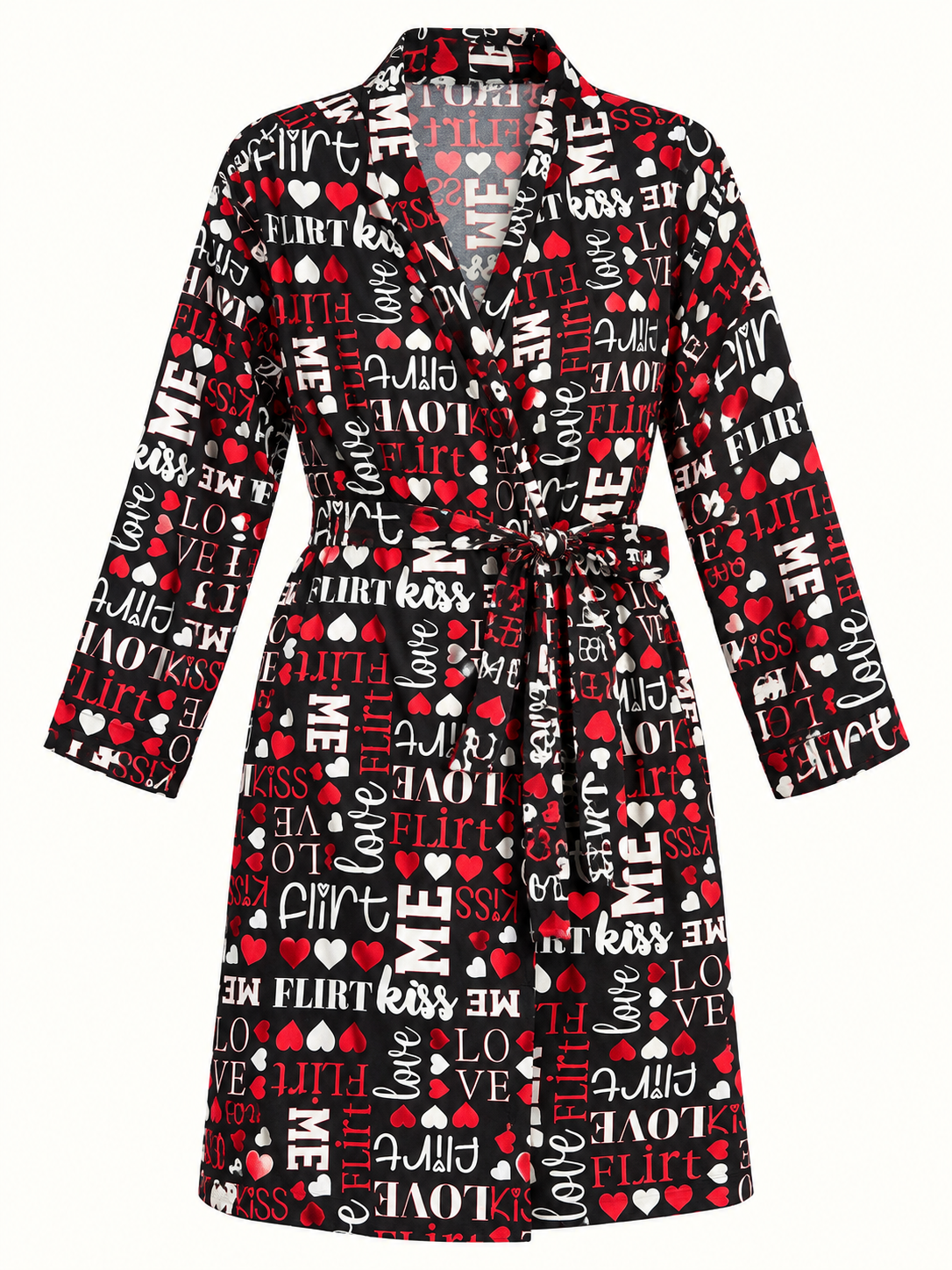 Women's black red and white love-print wrap robe on a studio background