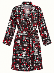 Women's black red and white love-print wrap robe on a studio background