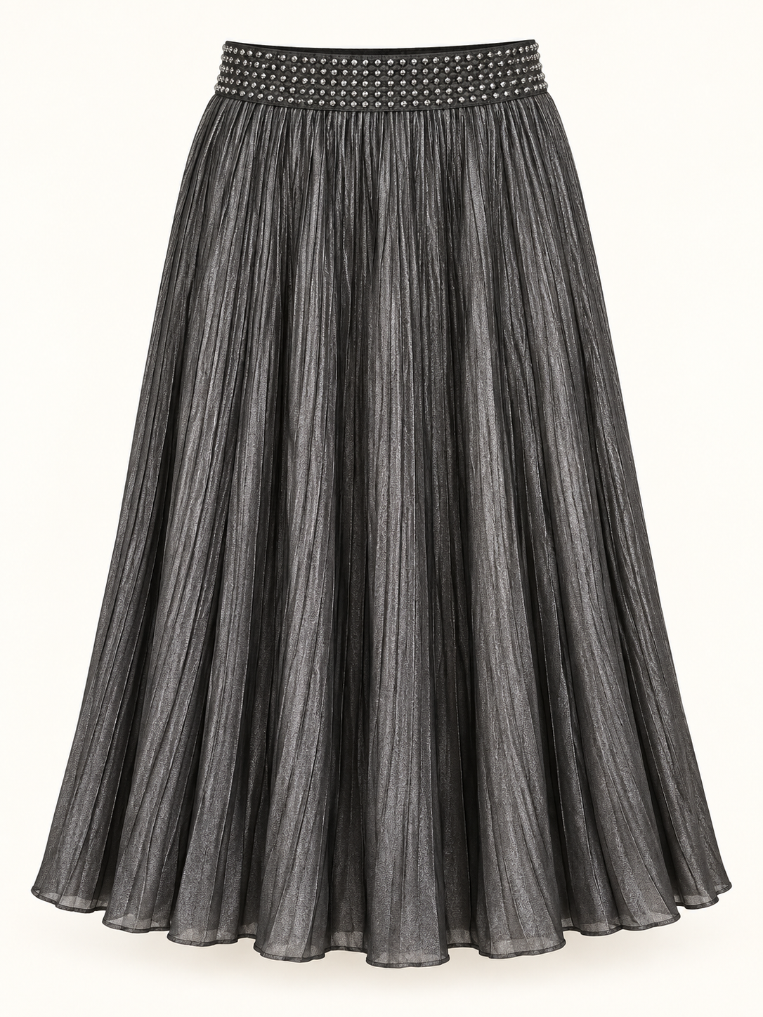 Black metallic pleated midi skirt with studded waistband on a studio background