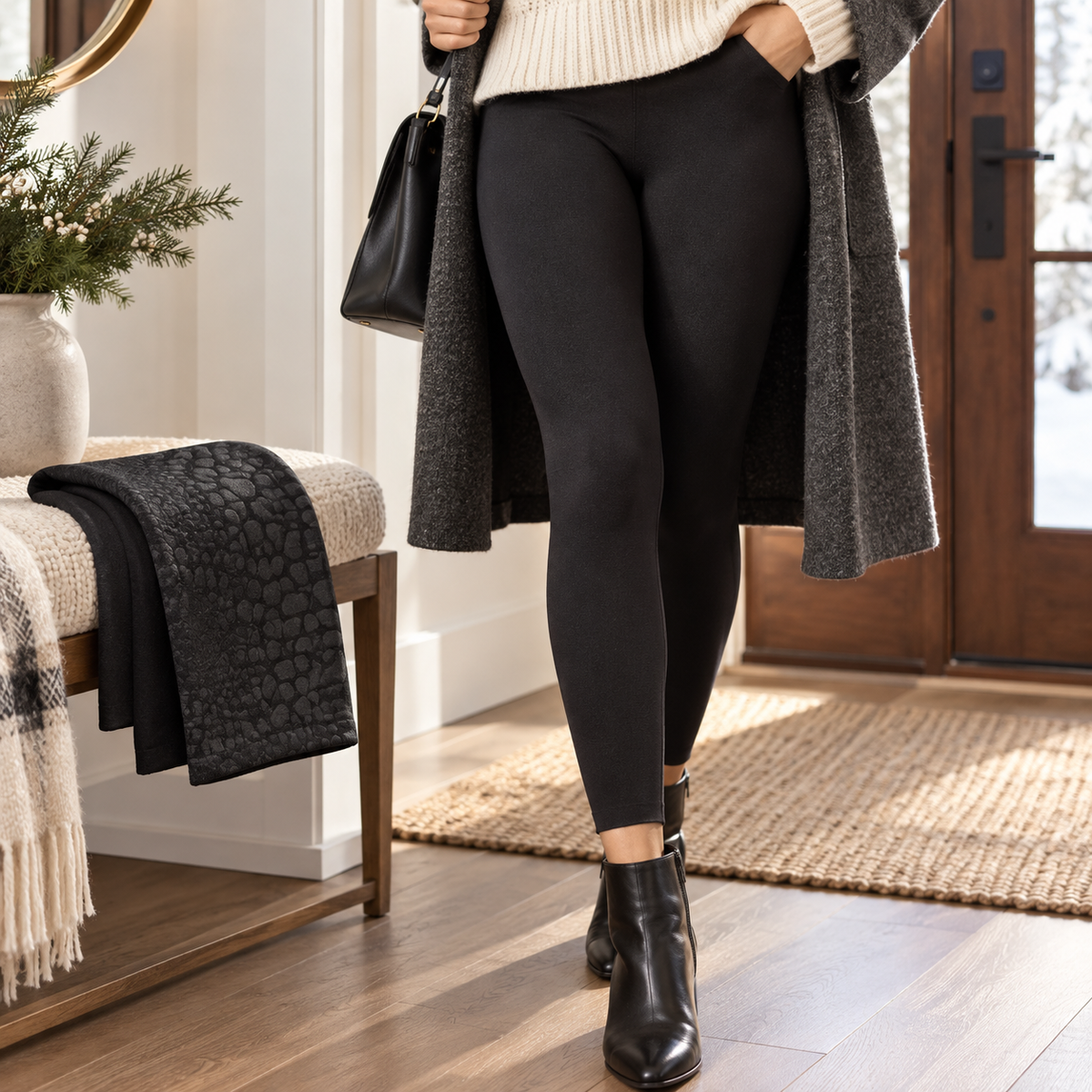 Nicole Miller black fleece-lined footless tights styled for winter
