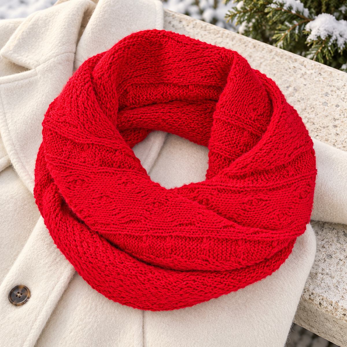 New York & Company red chunky-knit infinity scarf in a premium lifestyle setting