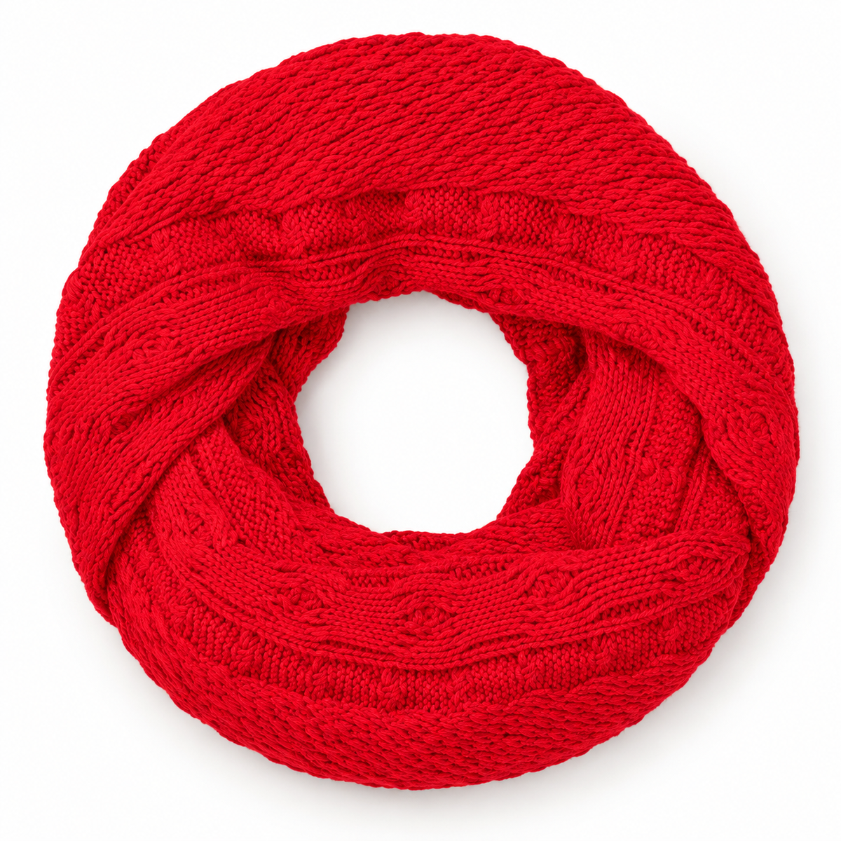 New York & Company red chunky-knit infinity scarf on a clean studio background