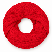 New York & Company red chunky-knit infinity scarf on a clean studio background