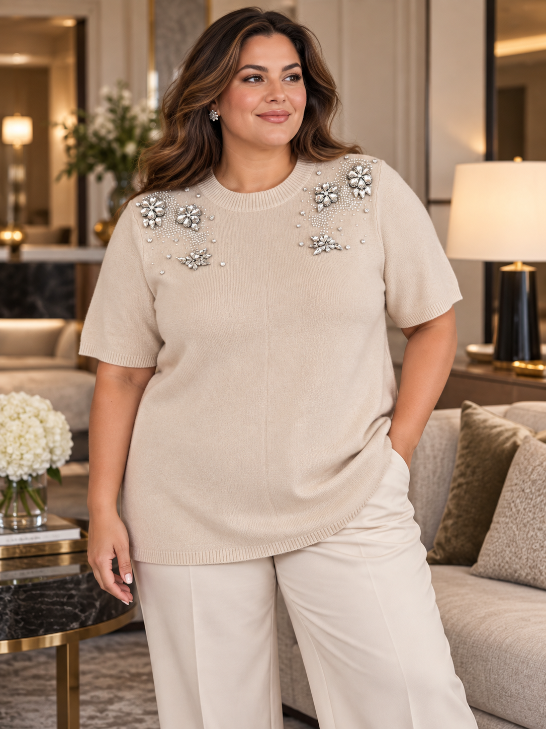 Ontwelfth beige jeweled tunic sweater styled on a model