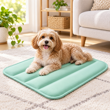 Dog resting on a pressure-activated cooling gel mat