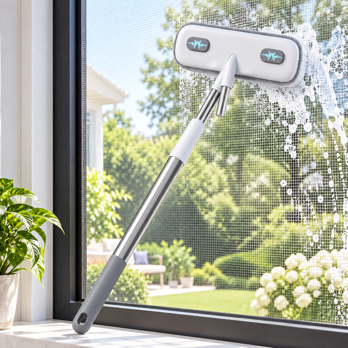 Retractable window and screen cleaning brush in use