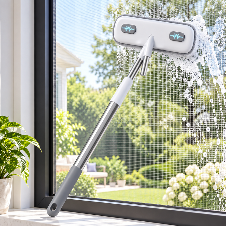 Retractable window and screen cleaning brush in use