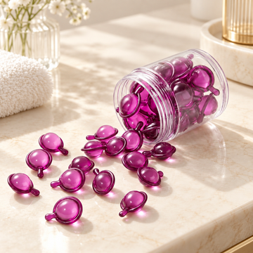 Rose oil anti-frizz hair serum capsules on a vanity