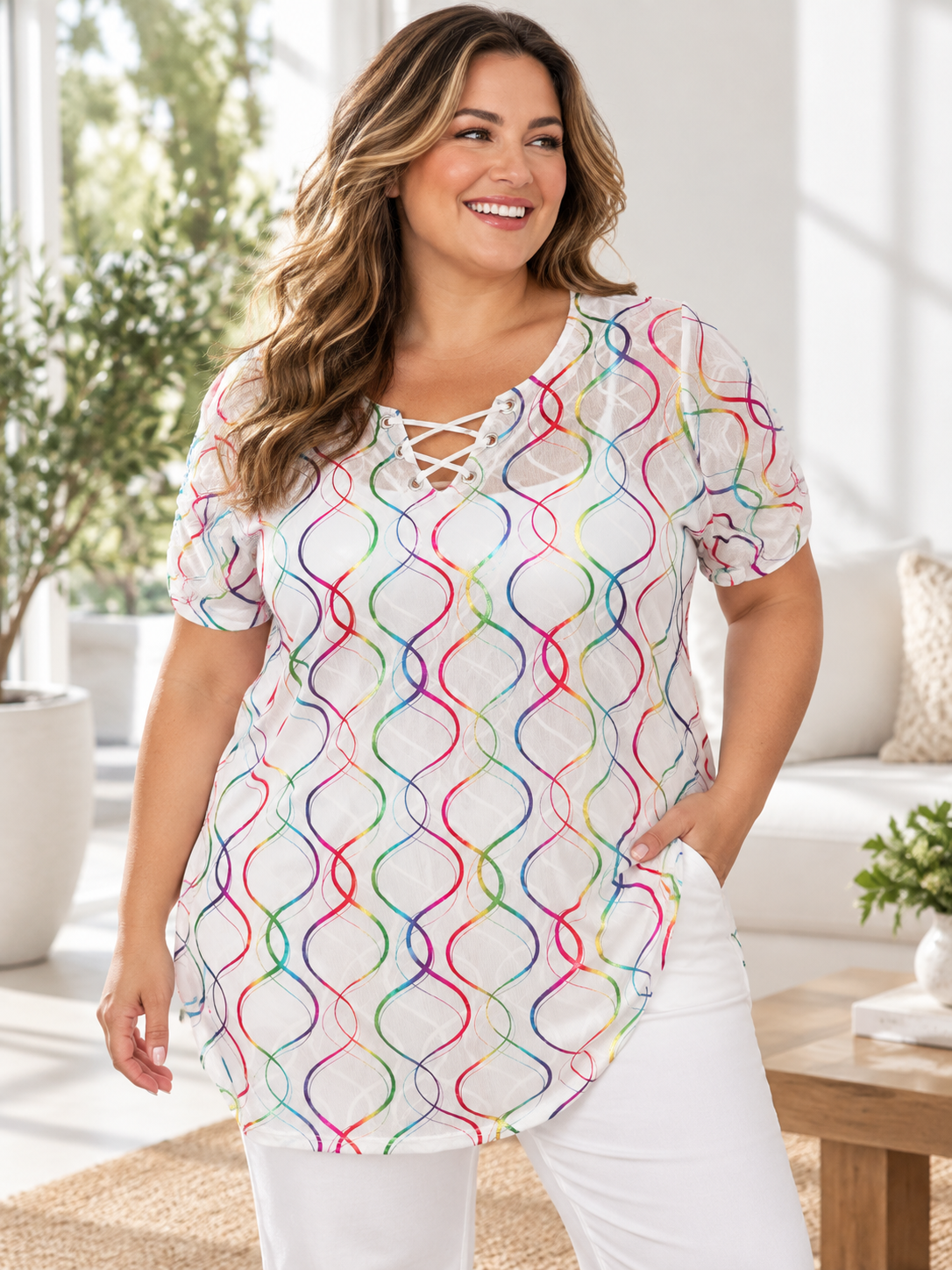 Rouge Collection white printed mesh tunic styled on a model