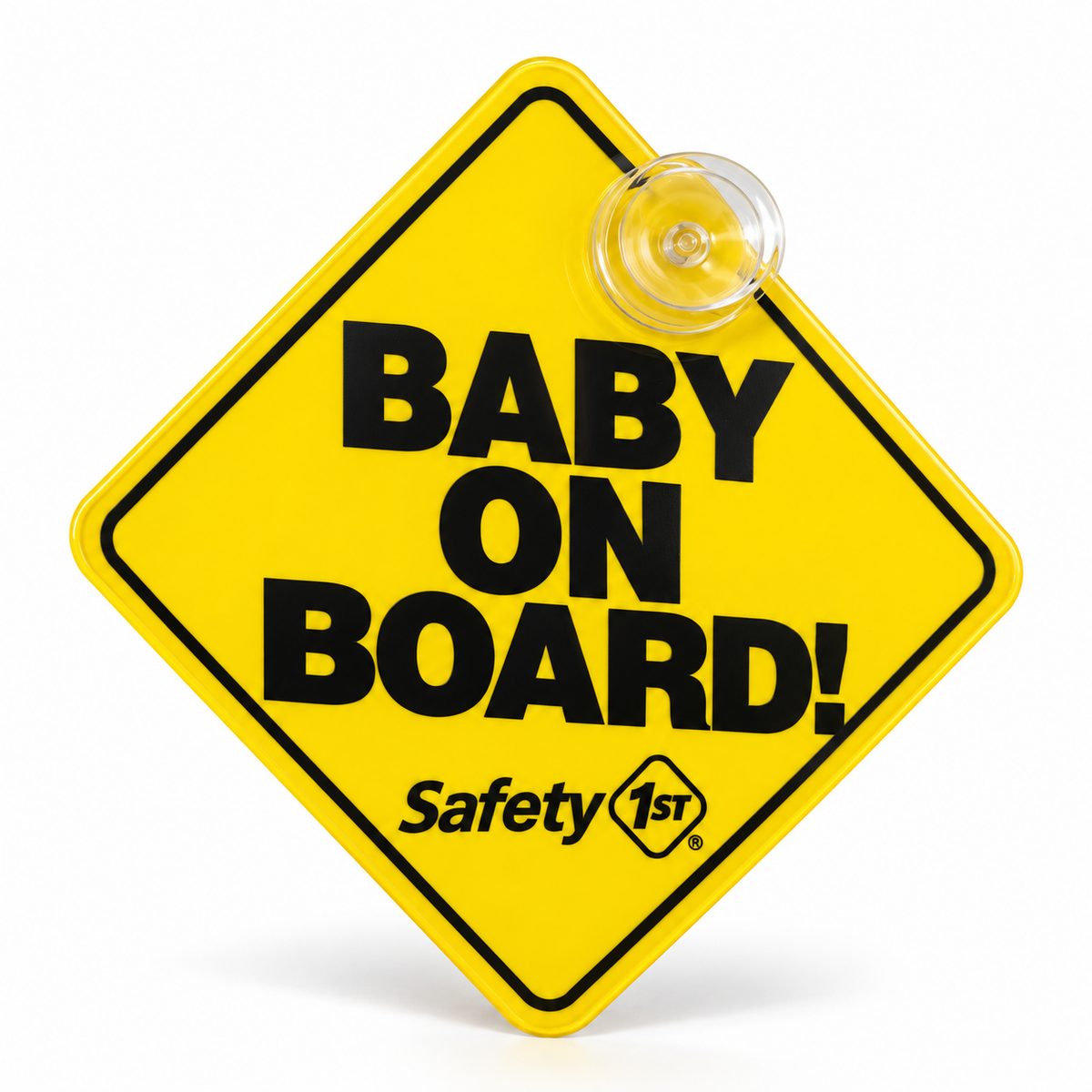 Safety 1st yellow Baby On Board suction-cup sign on a white studio background