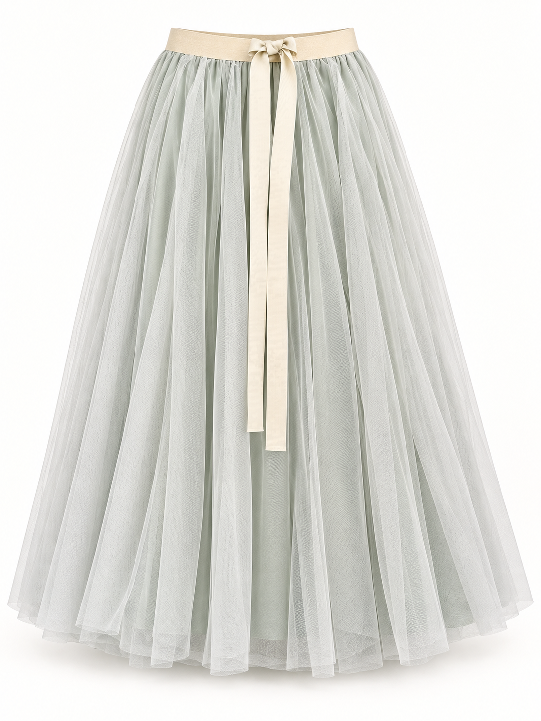 Sage layered tulle maxi skirt with champagne ribbon waist on a studio background