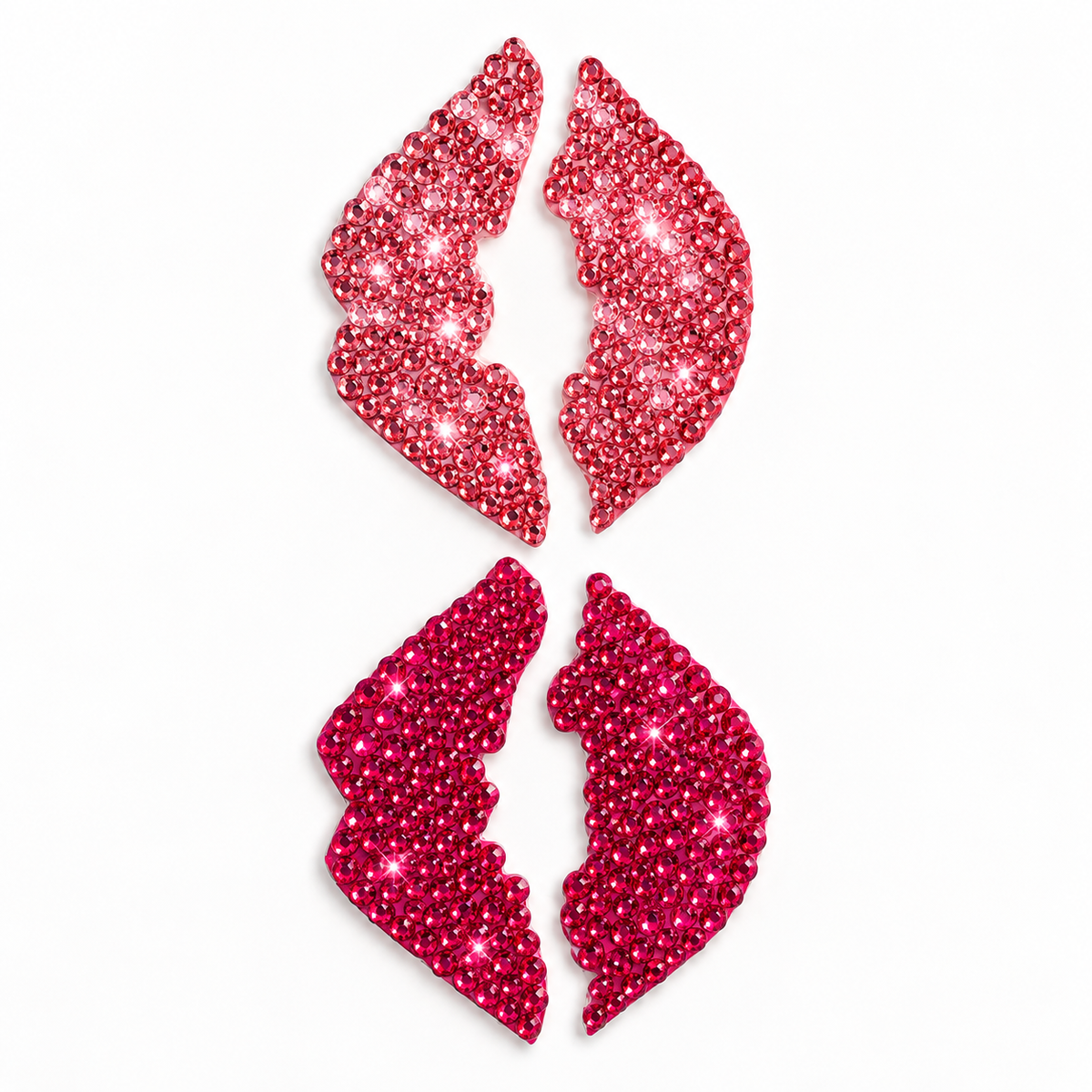 Pink and fuchsia rhinestone lip stickers on a white studio background