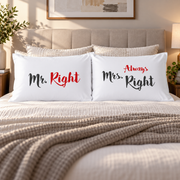 SleepSoft Mr Right and Mrs Always Right standard pillowcases on a bed