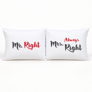 SleepSoft Mr Right and Mrs Always Right pillowcases on a white studio background