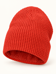 Sonoma red sherpa-lined waffle knit beanie studio photo