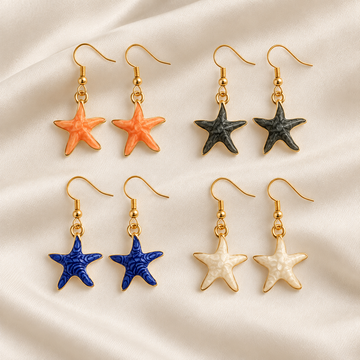 Four pairs of colorful starfish dangle earrings