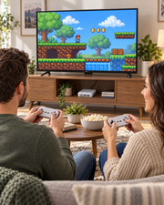 Two adults playing retro games with the Super Console X Pro