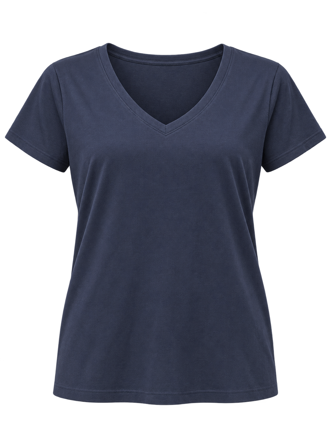 Time and Tru dark navy V-neck tee studio product photo