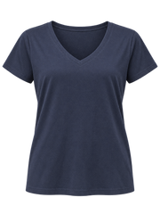 Time and Tru dark navy V-neck tee studio product photo