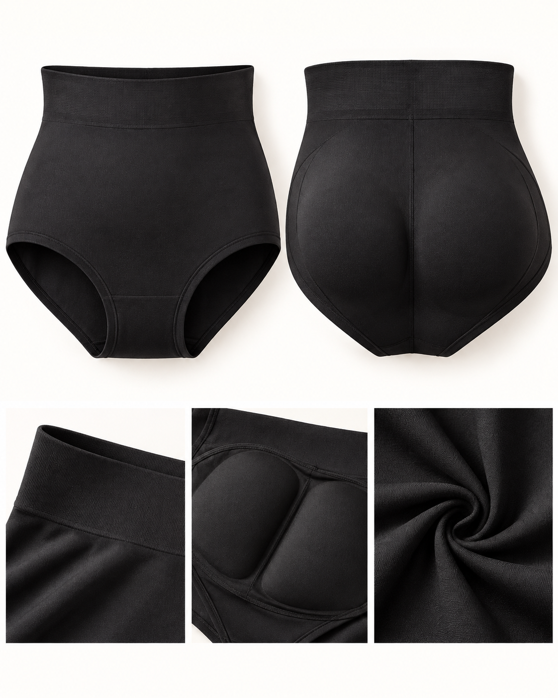 Black padded shapewear brief shown front and back