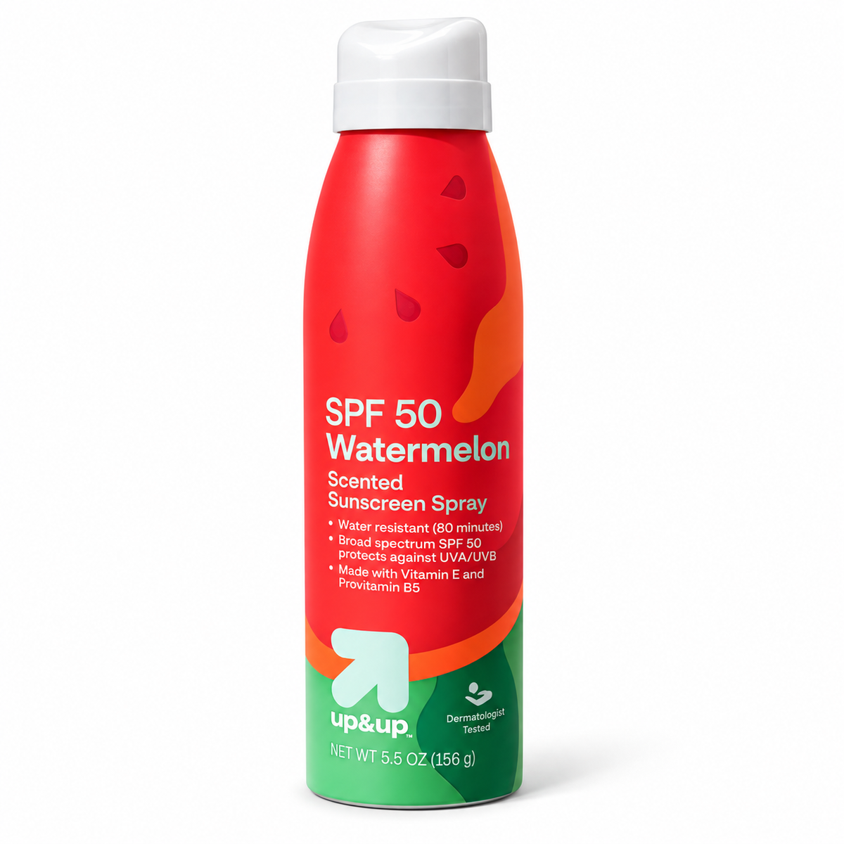 up and up SPF 50 watermelon scented sunscreen spray can on a white studio background