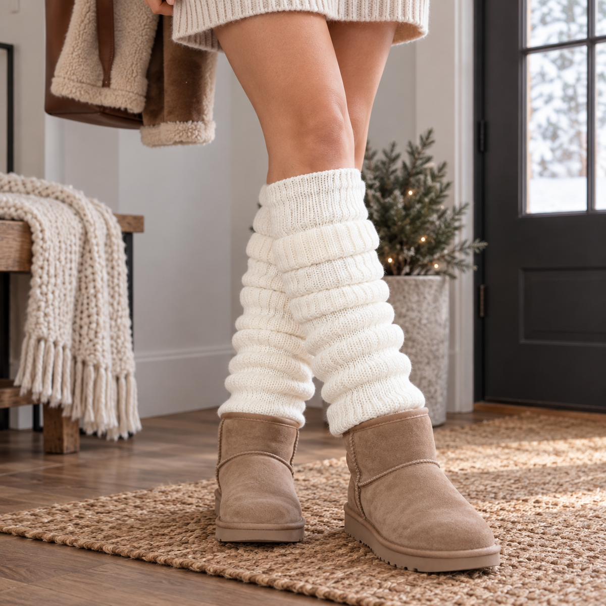 Via Rosa white ribbed leg warmers styled with winter boots