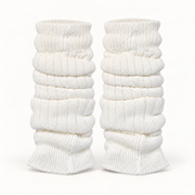Via Rosa white ribbed leg warmers on a warm-white studio background