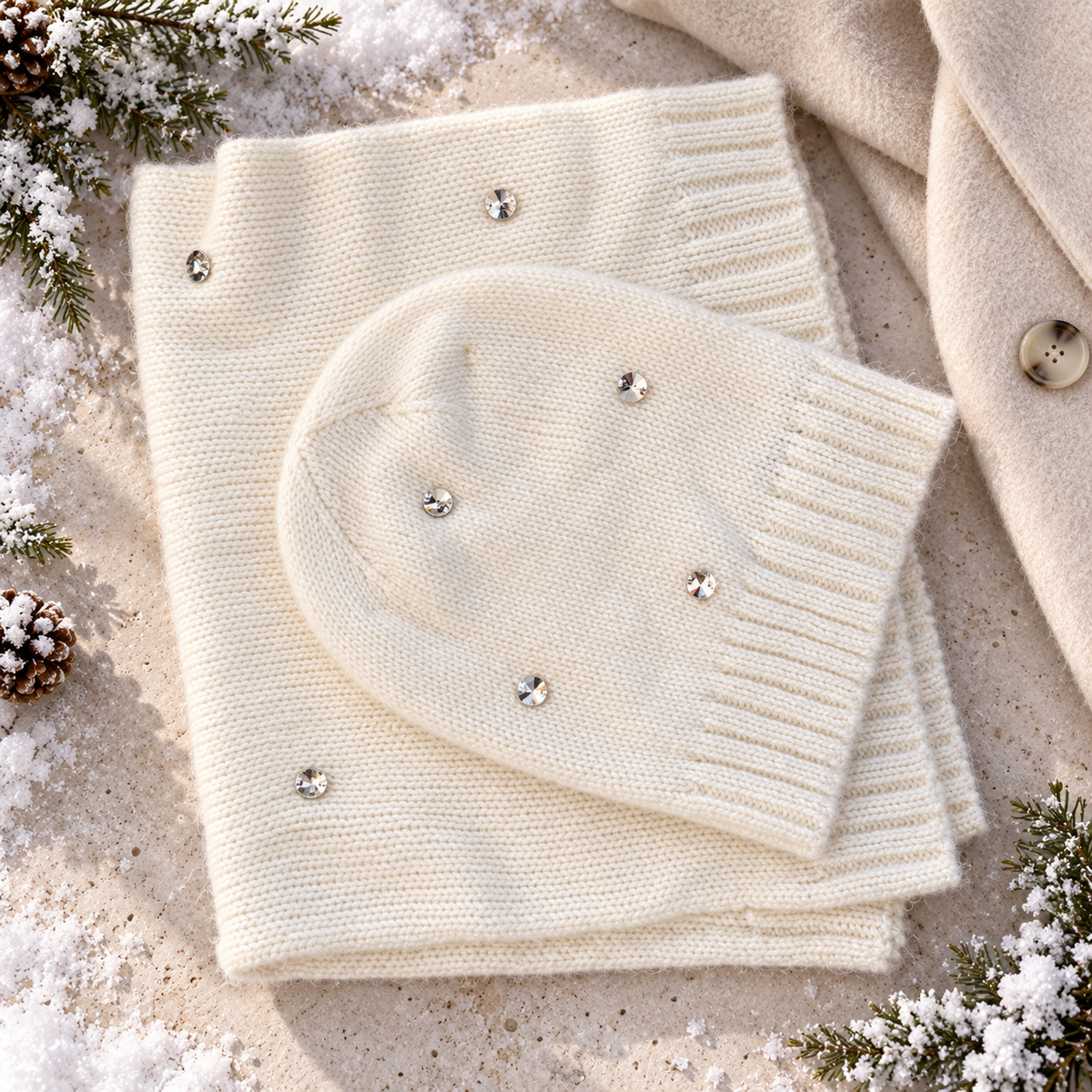 Victoria's Secret ivory jeweled beanie and scarf set in a premium winter setting