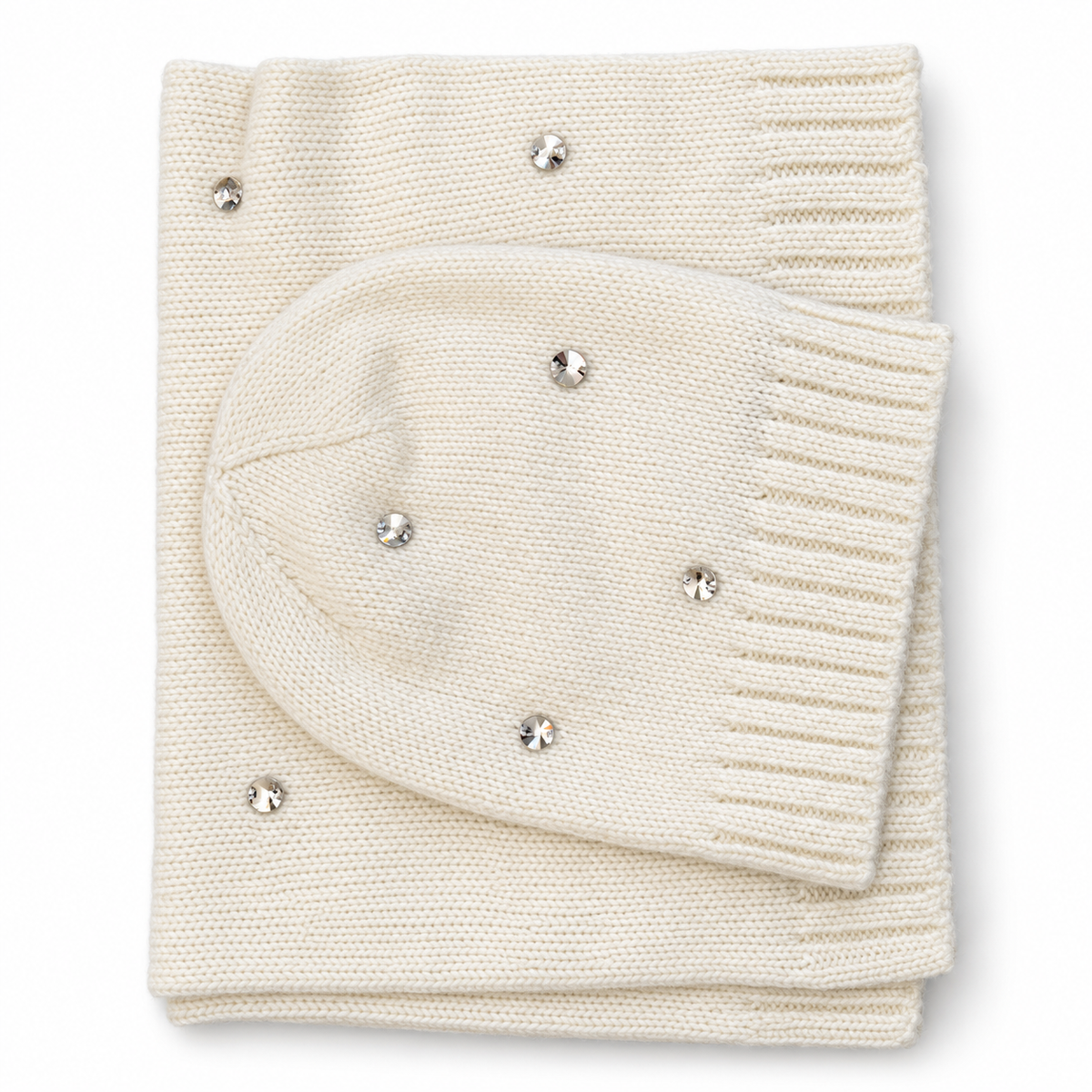 Victoria's Secret ivory jeweled beanie and scarf set on a clean studio background