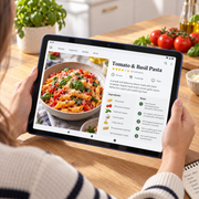 Blue Vortex tablet in use with its screen on displaying a recipe in a bright kitchen