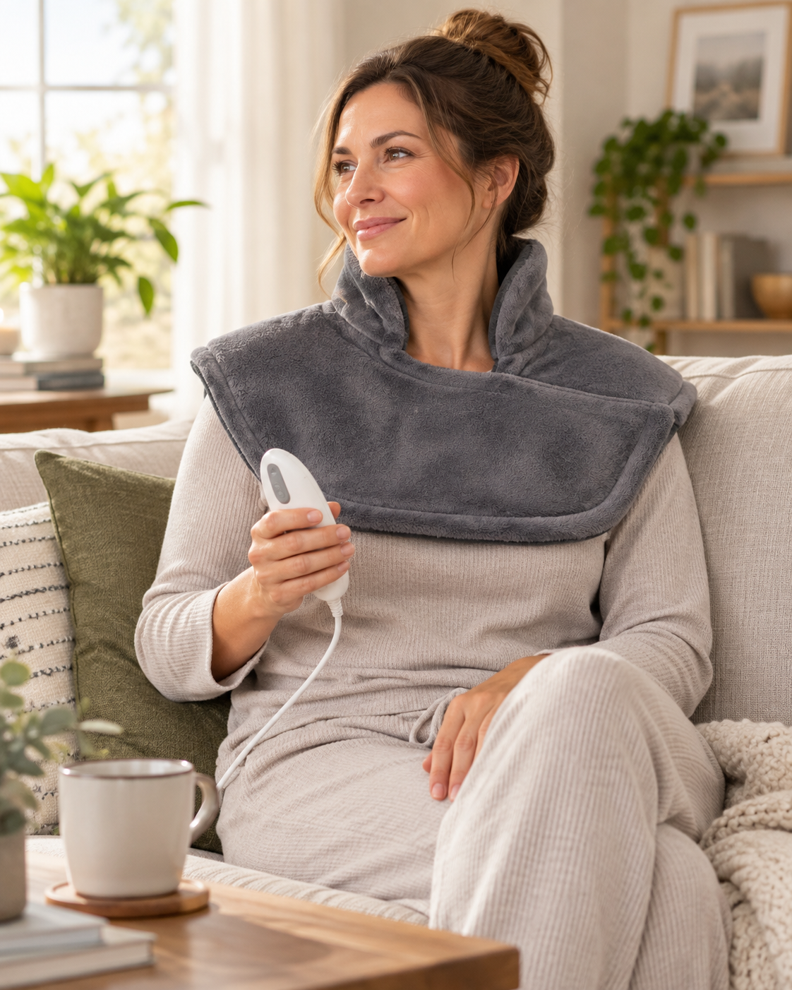 Woman relaxing with a plush gray neck and shoulder heating wrap