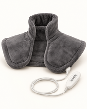 Plush gray neck and shoulder heating wrap with controller on warm white