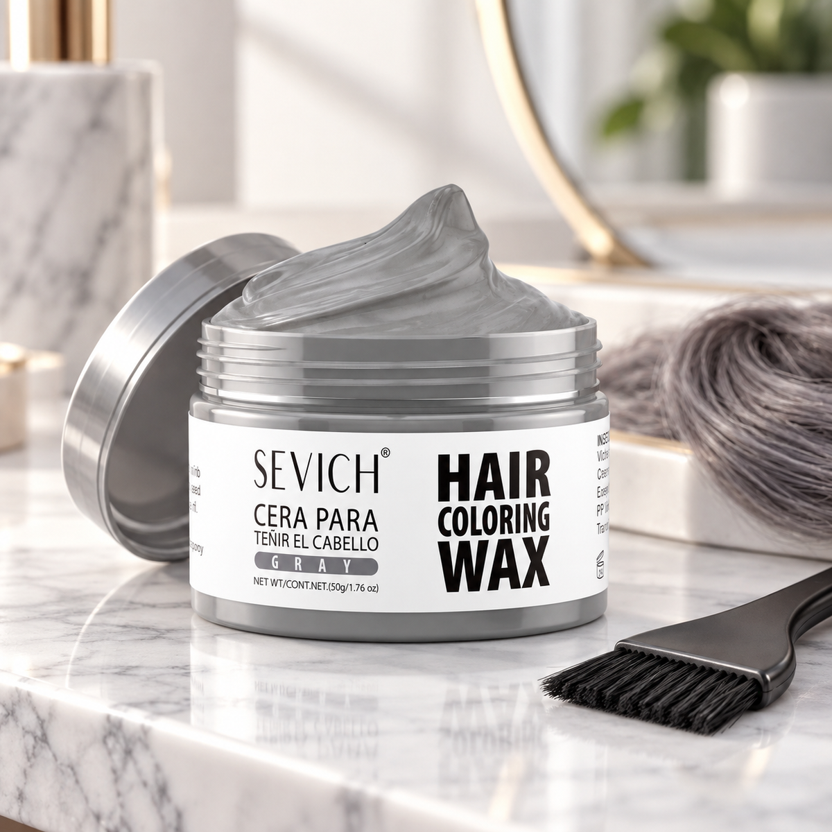 Washable gray hair color wax on a modern vanity