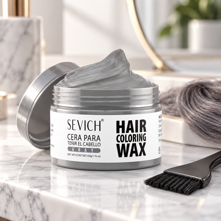 Washable gray hair color wax on a modern vanity