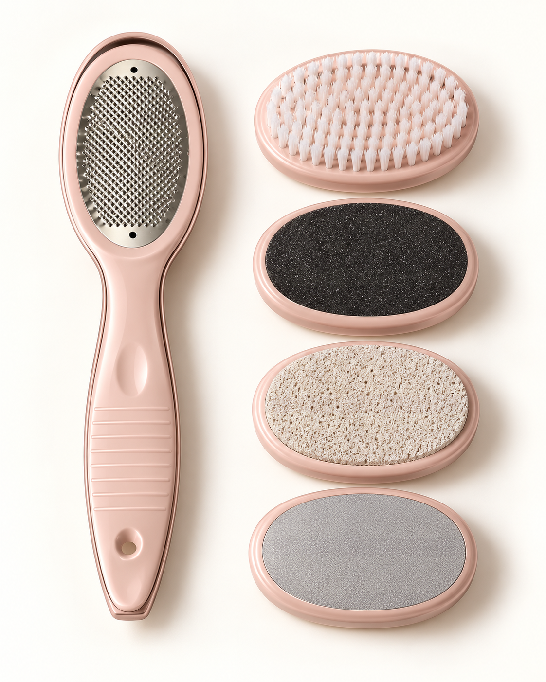 Blush pink five-in-one pedicure tool set on warm white
