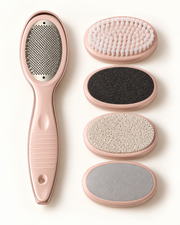 Blush pink five-in-one pedicure tool set on warm white