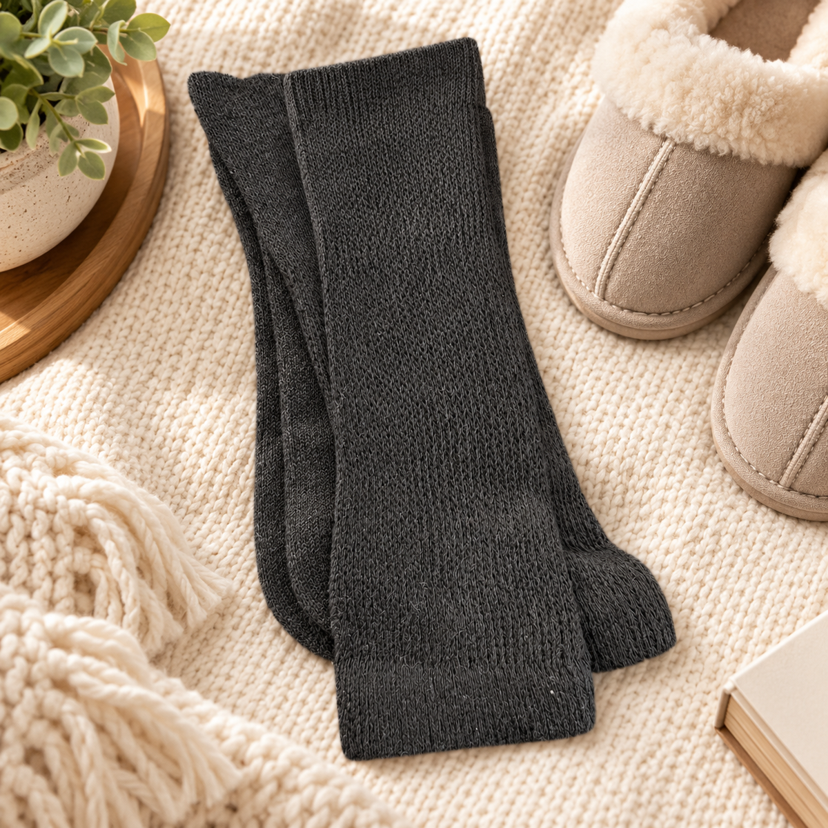 Women's charcoal diabetic comfort crew socks in a premium lifestyle setting